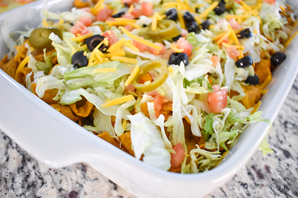 Quick weeknight Taco casserole in white dish